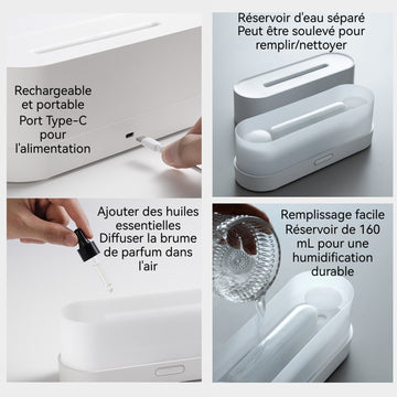 Humidificateur 160ml appareil d'aromathérapie à flamme simulée lumières colorées 220x70x85mm protection contre les pannes courant